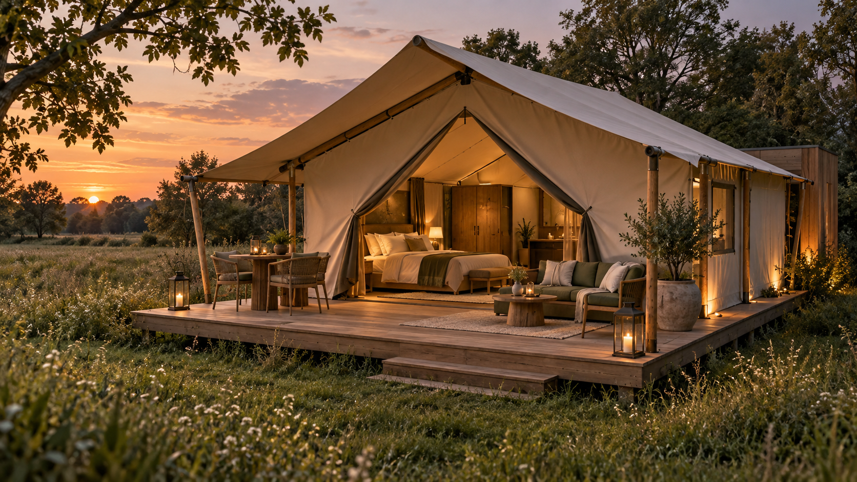 Sfeerimpressie luxe tent op een houten vlonder